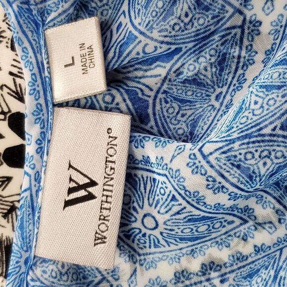 Worthington Blue Keyhole Blouse Women's Large | Geometric Print Short Sleeve Top - Picture 4 of 6